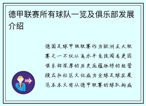 德甲联赛所有球队一览及俱乐部发展介绍